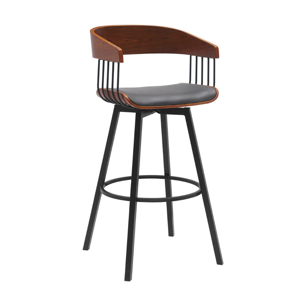 Vera 31 Inch Swivel Barstool Chair, Curved Open Back, Walnut Brown, Gray By Casagear Home