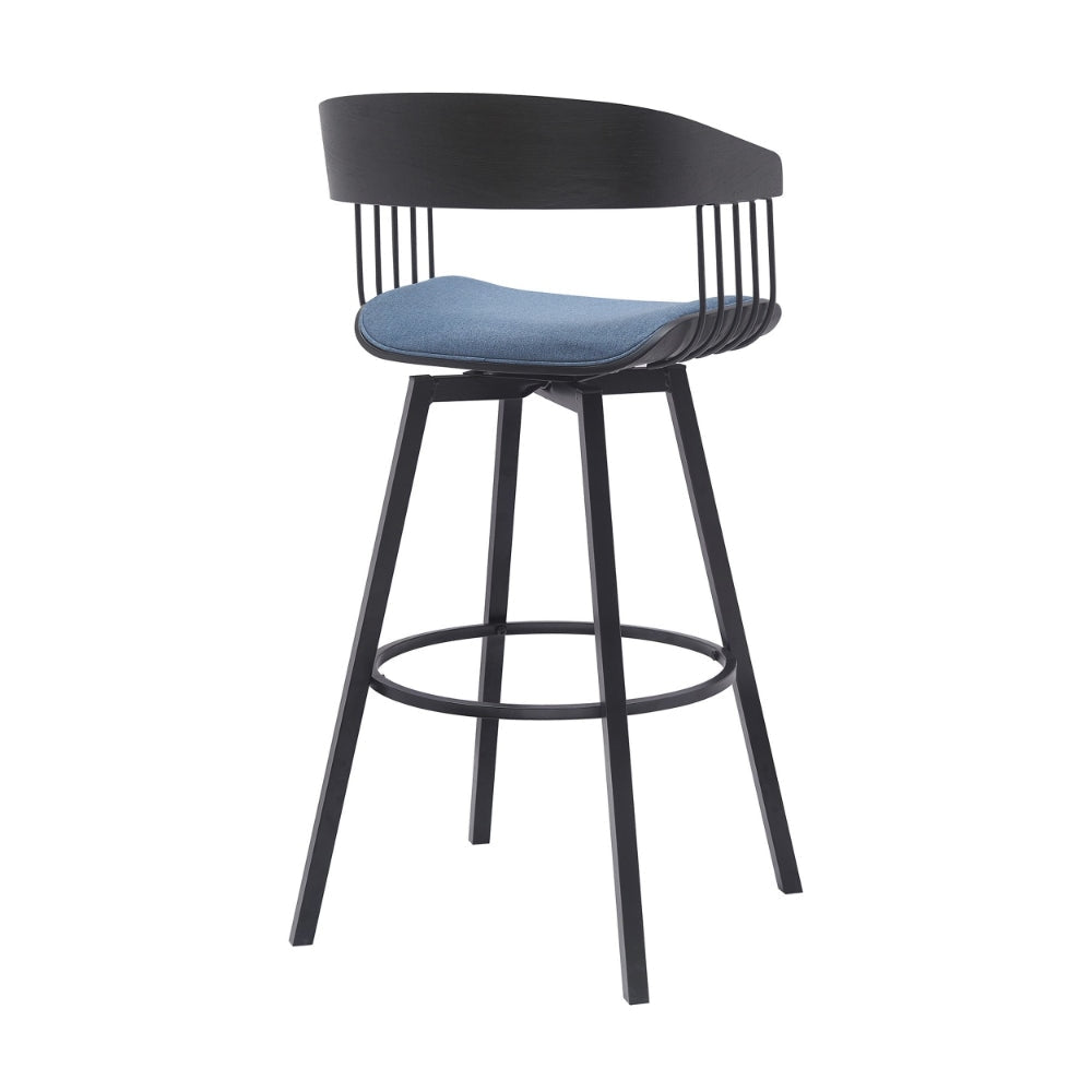 Vera 31 Inch Swivel Barstool Chair Curved Back Black Light Blue Fabric By Casagear Home BM304959
