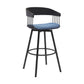 Vera 31 Inch Swivel Barstool Chair, Curved Back, Black, Light Blue Fabric By Casagear Home