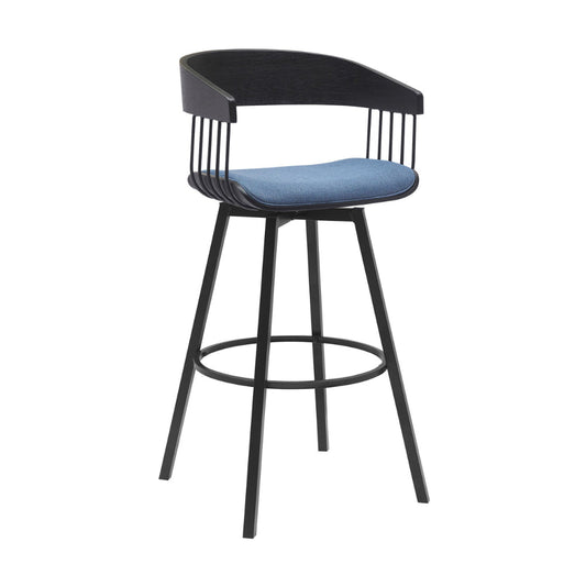 Vera 31 Inch Swivel Barstool Chair, Curved Back, Black, Light Blue Fabric By Casagear Home