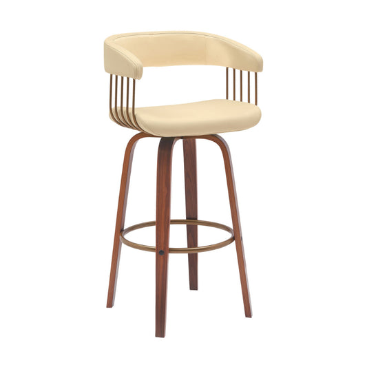 Maya 31 Inch Swivel Barstool Chair, Cream Faux Leather, Bronze Walnut Brown By Casagear Home