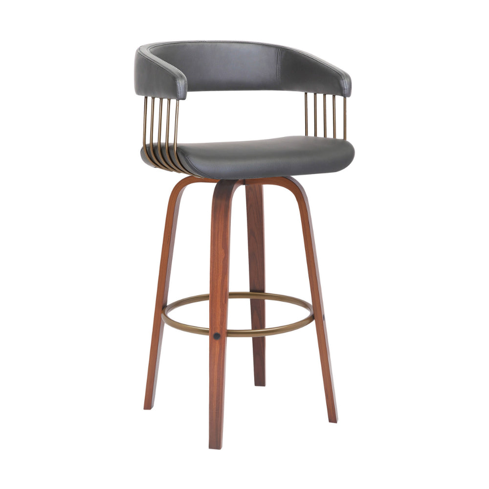 Maya 31 Inch Swivel Barstool Chair, Gray Faux Leather, Bronze, Walnut Brown By Casagear Home