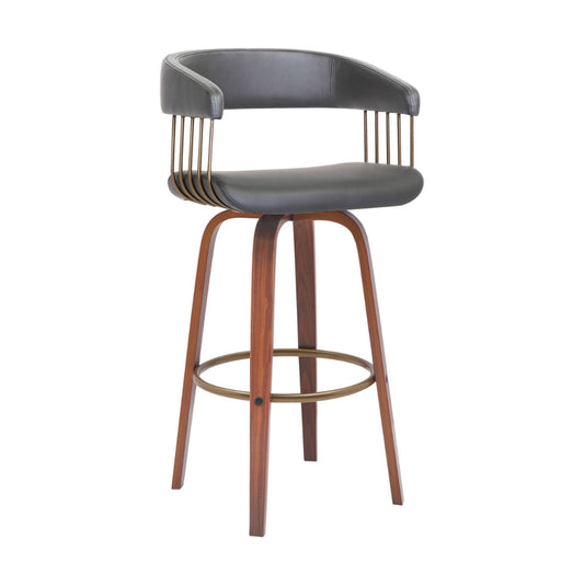 Maya 31 Inch Swivel Barstool Chair, Gray Faux Leather, Bronze, Walnut Brown By Casagear Home
