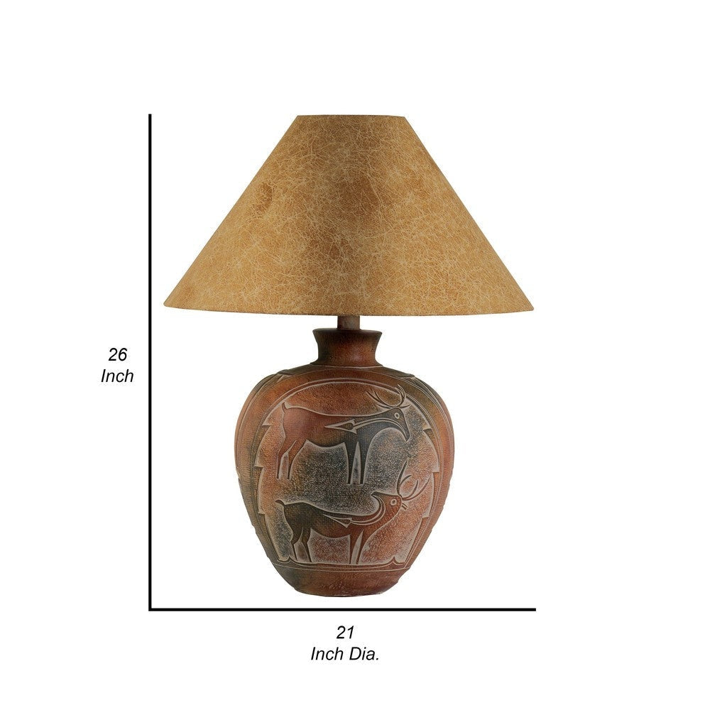 Siya 26 Inch Table Lamp Urn Shaped Base Deer Carvings Black Brown By Casagear Home BM304982