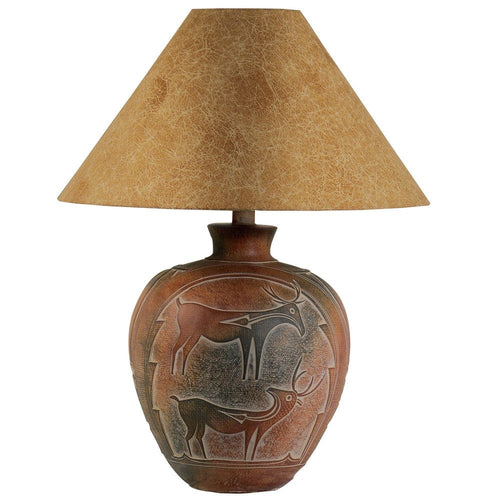 Siya 26 Inch Table Lamp, Urn Shaped Base, Deer Carvings, Black, Brown By Casagear Home