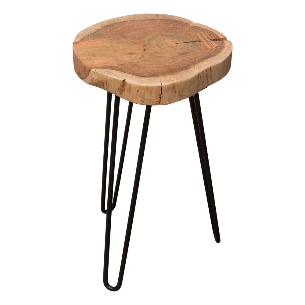23 Inch Side End Table Hairpin Legs Natural Brown Acacia Wood Black Base By Casagear Home BM305050
