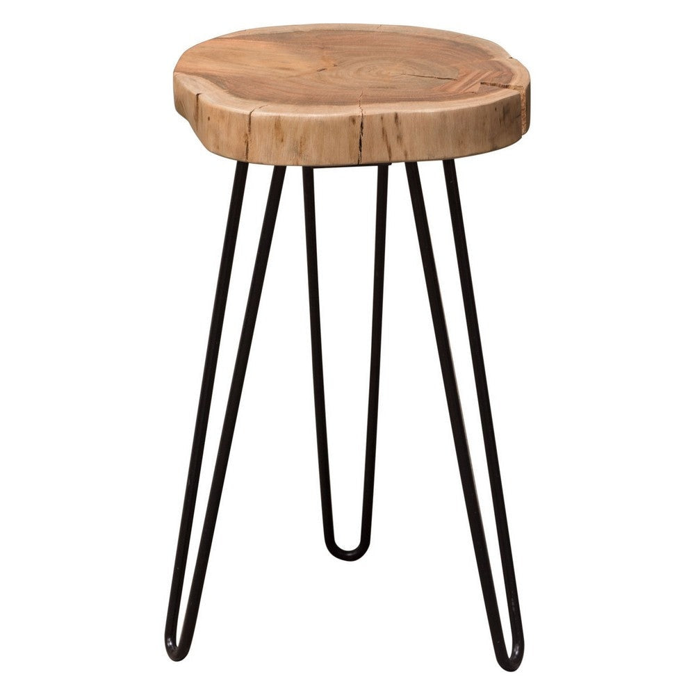 23 Inch Side End Table, Hairpin Legs, Natural Brown Acacia Wood, Black Base By Casagear Home