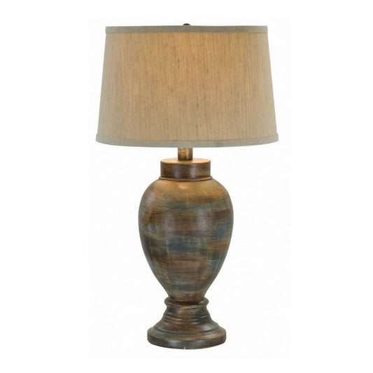 30 Inch Hydrocal Table Lamp, Drum Shade, Classic Urn Base, Brown and Blue By Casagear Home