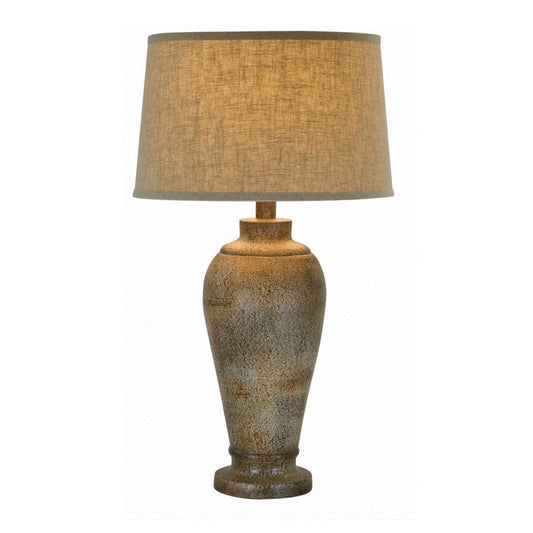 33 Inch Hydrocal Table Lamp, Brown Drum Shade, Textured Urn Shaped Base By Casagear Home