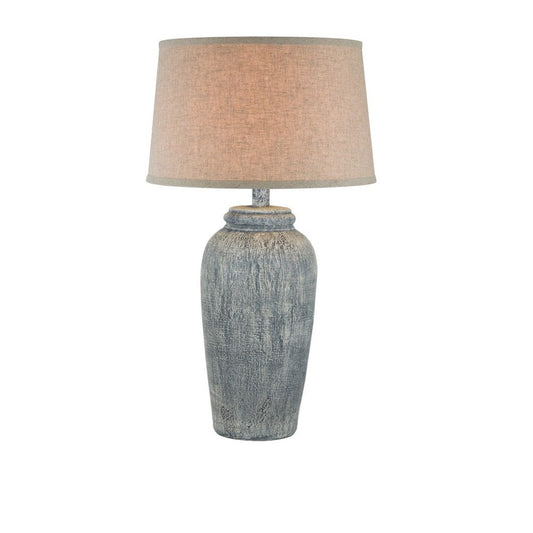 Leni 31 Inch Hydrocal Table Lamp, Drum Shade, Blue Gray Tall Urn Base  By Casagear Home