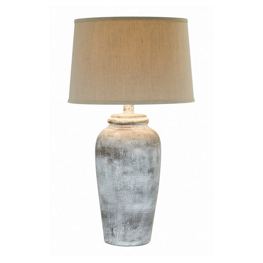 Leni 31 Inch Hydrocal Table Lamp, Drum Shade, Stone White Urn Shaped Base By Casagear Home
