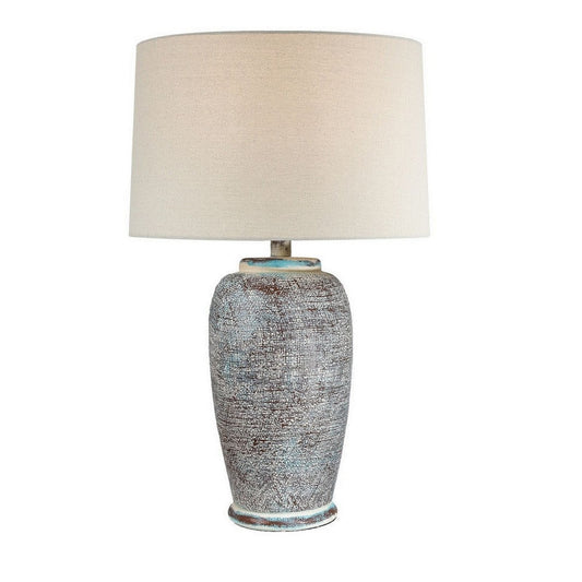 Alin 29 Inch Hydrocal Table Lamp, Drum Shade, Urn Shaped Base, Misty Sky By Casagear Home