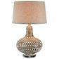 28 Inch Hydrocal Table Lamp, Drum Shade, Round Geometric Base, Brown, Cream By Casagear Home