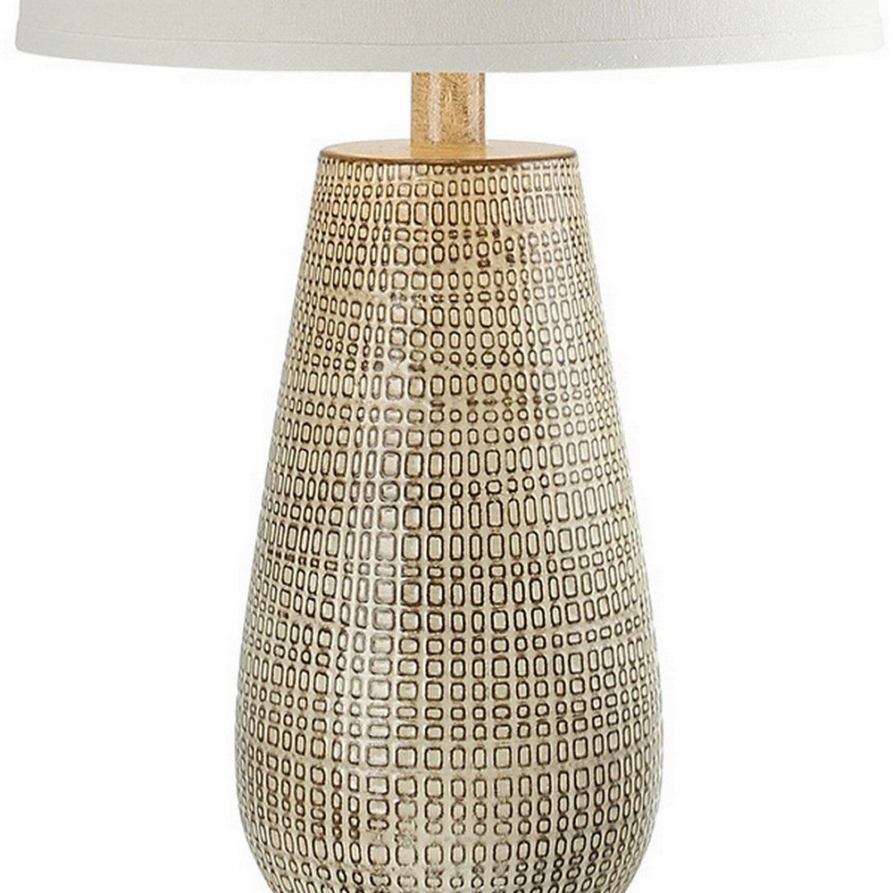 28 Inch Hydrocal Table Lamp Drum Shade Curved Geometric Base Brown By Casagear Home BM305628