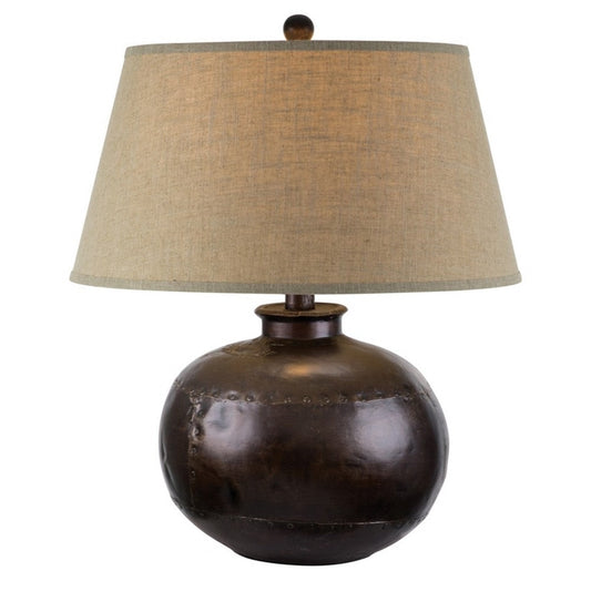 Reis 25 Inch Hydrocal Table Lamp, Beige Empire Shade, Round Base, Brown By Casagear Home