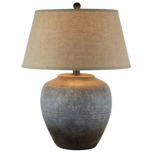 Buen 28 Inch Hydrocal Table Lamp, Drum Shade, Urn Base, Gray Rust Frost By Casagear Home