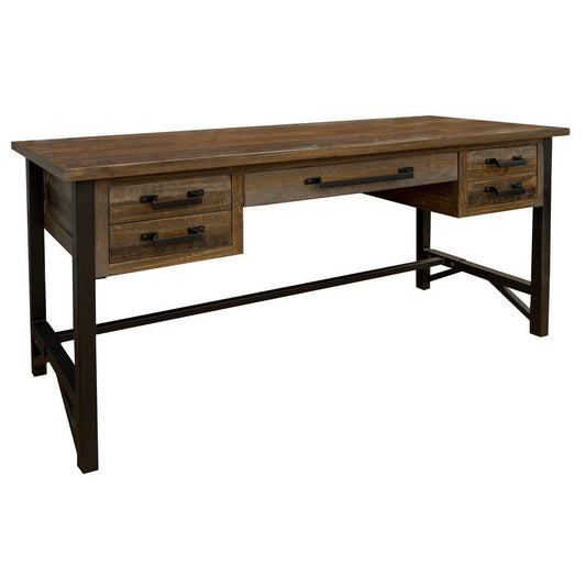 Peya 61 Inch 4 Drawer Desk, Keyboard Tray, Distressed Gray, Brown Pine Wood By Casagear Home