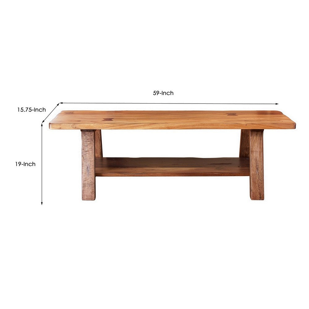 Umey 59 Inch Bench Solid Mango Wood With Grain Details 1 Shelf Brown By Casagear Home BM306070