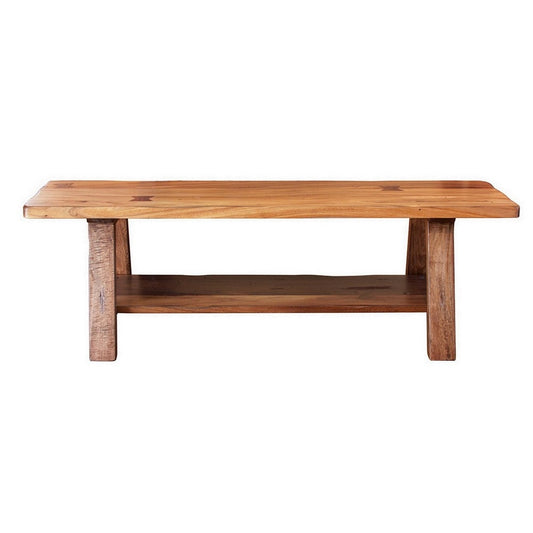 Umey 59 Inch Bench, Solid Mango Wood With Grain Details, 1 Shelf, Brown  By Casagear Home