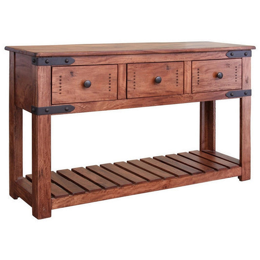 Umey 55 Inch 3 Drawer Sofa Table, Slatted Bottom Shelf, Brown Mango Wood By Casagear Home