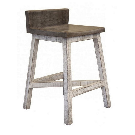 Suga 24 Inch Farmhouse Counter Height Stool, Solid Pine Wood, Ivory, Gray By Casagear Home
