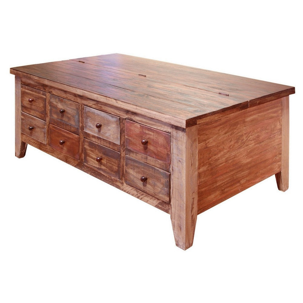 Fena 50 Inch 8 Drawer Coffee Table Lift Top Multicolor Distress Pine Wood By Casagear Home BM306540