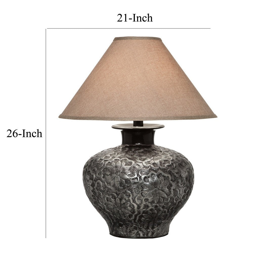 Neji 26 Inch Table Lamp Curved Pot Design Base Floral Pattern Silver By Casagear Home BM306576