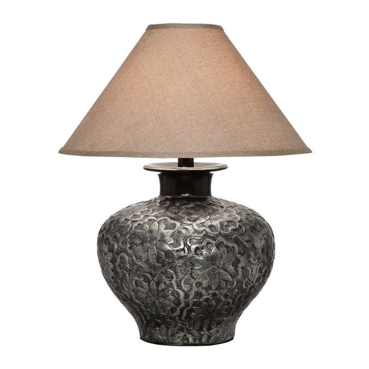 Neji 26 Inch Table Lamp, Curved Pot Design Base, Floral Pattern, Silver By Casagear Home