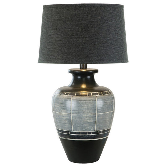Riza 30 Inch Table Lamp, Curved Vase Shape, Dual Tone Gray, Drum Shade By Casagear Home