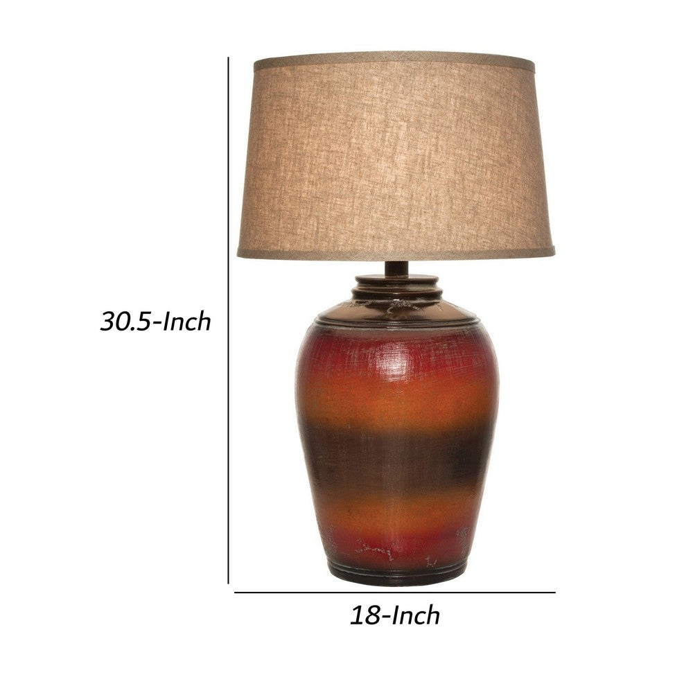 Ruhi 31 Inch Table Lamp Curved Pot Multicolor Drum Shade Brown Orange By Casagear Home BM306592
