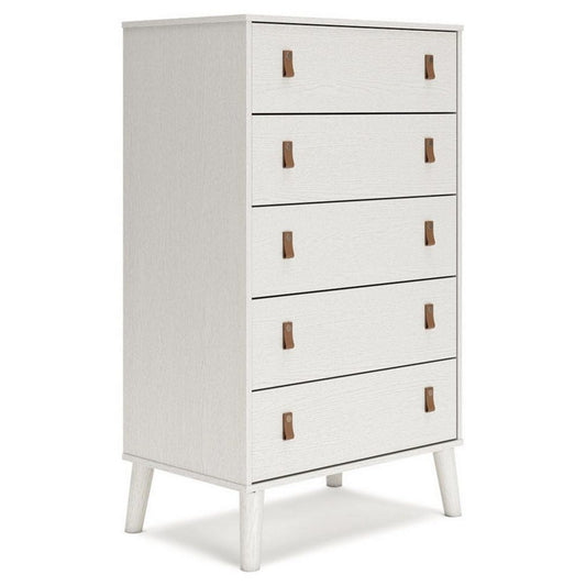 Nina 51 Inch 5 Drawer Tall Dresser Chest, Brown Faux Leather Handles, White By Casagear Home