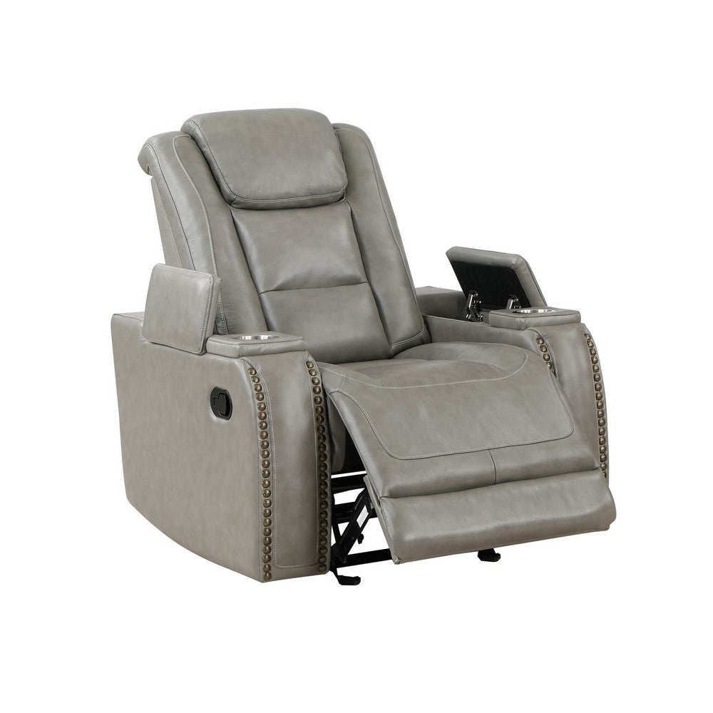 Luxe 39 Inch Manual Recliner Genuine Leather Smooth Gray Upholstery By Casagear Home BM306699