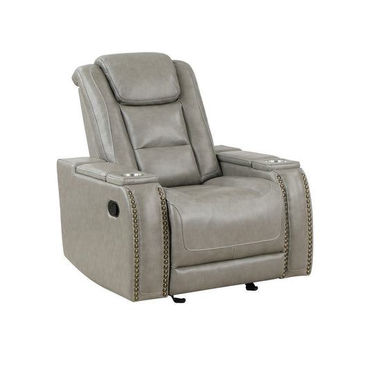 Luxe 39 Inch Manual Recliner, Genuine Leather, Smooth Gray Upholstery  By Casagear Home