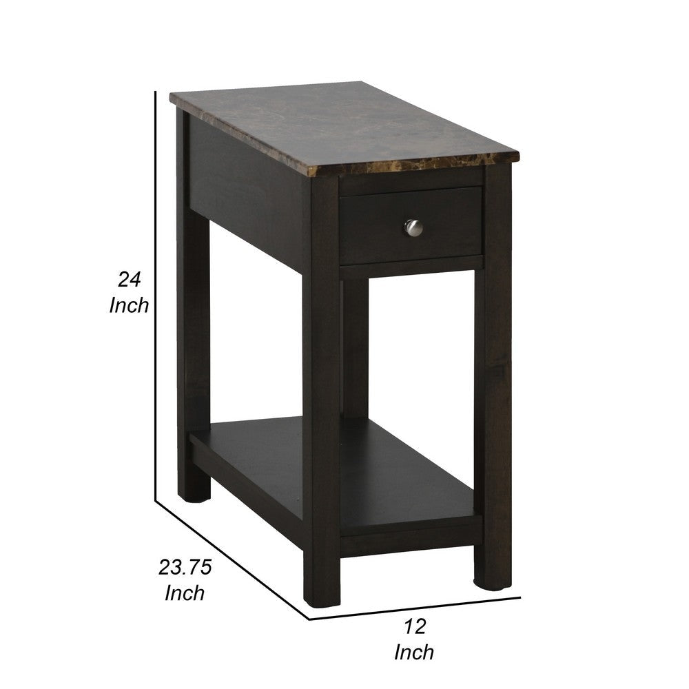 Zeva 24 Inch Narrow Side End Table Faux Marble Top 1 Drawer Brown By Casagear Home BM306716