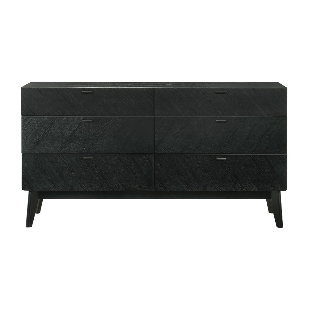 Saly 55 Inch Wide Dresser, 6 Drawer, Diagonal Wood Grain, Black Finish By Casagear Home