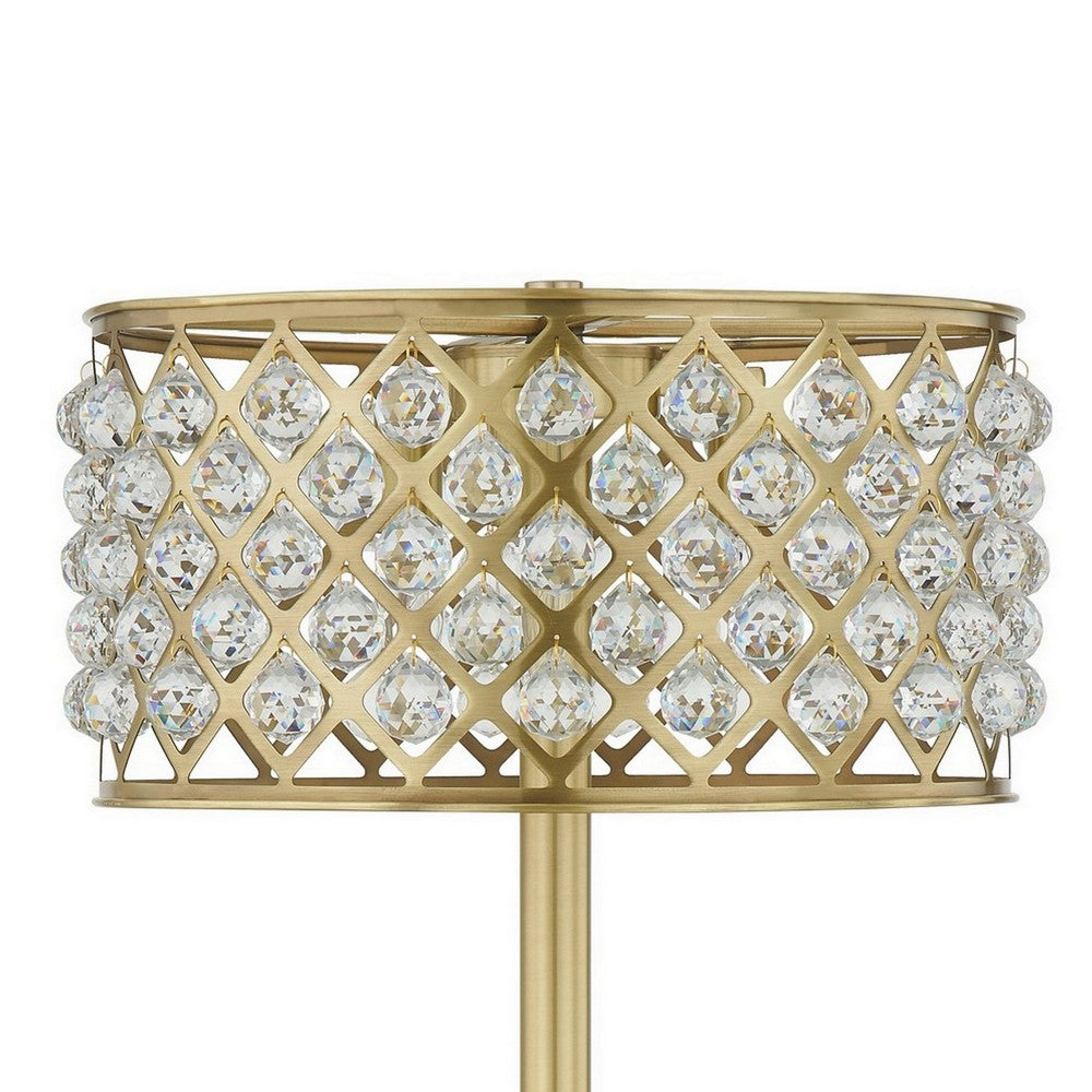 Dany 28 Inch Table Lamp with Crystal Drum Shade, Gold Brass Metal Base By Casagear Home