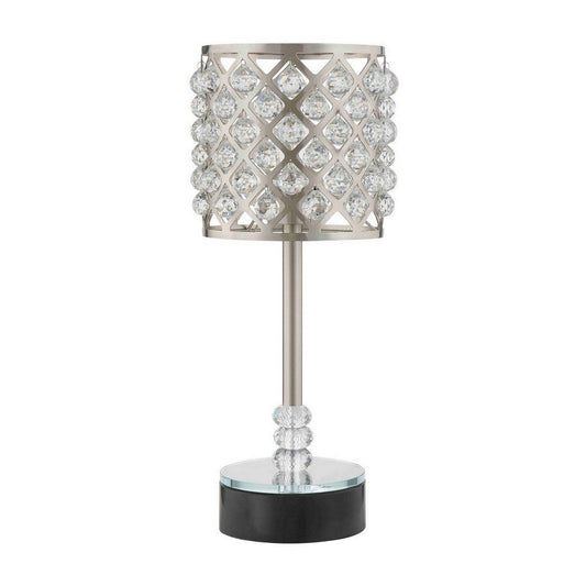 Dany 24 Inch Table Lamp with Crystal Drum Shade, Metal, Brushed Nickel By Casagear Home