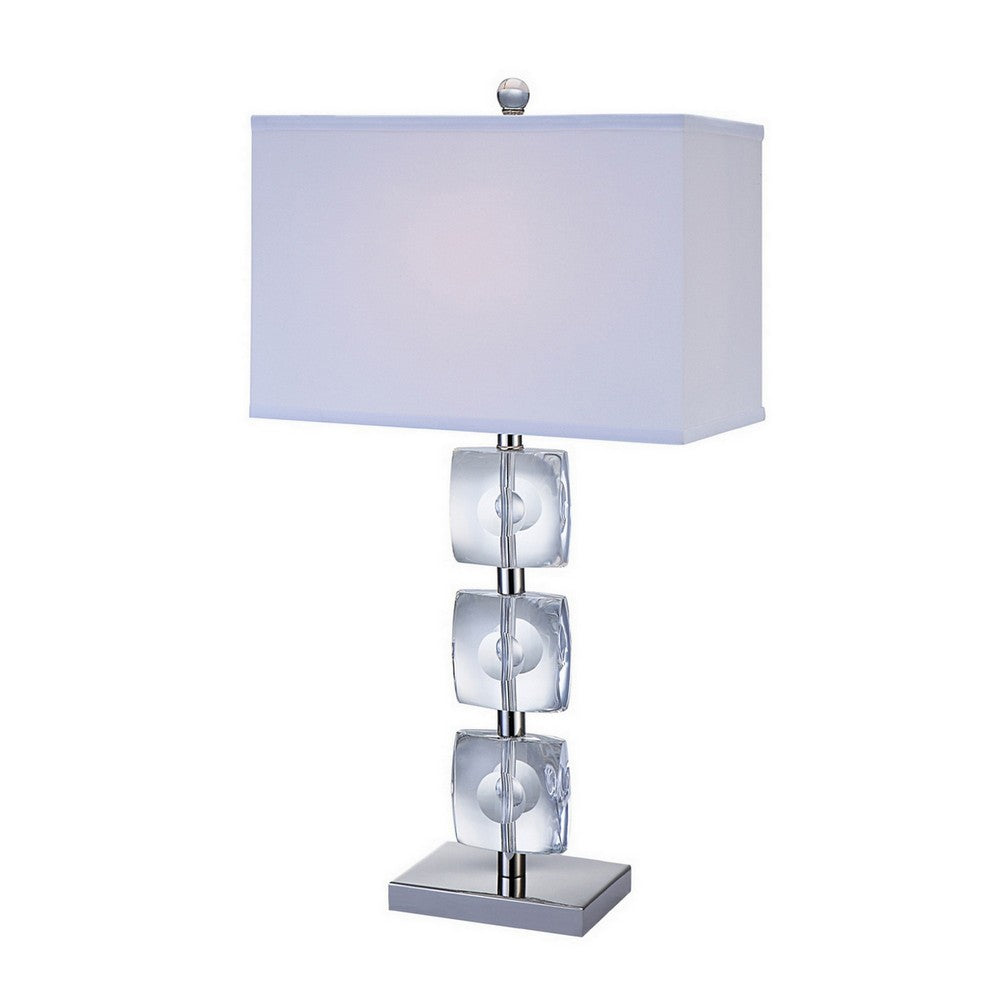 28 Inch Table Lamp, Crystal Stand, White Rectangular Shade, Metal, Clear  By Casagear Home