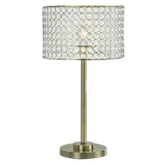 25 Inch Table Lamp with Round Crystal Drum Shade, Metal, Antique Brass By Casagear Home
