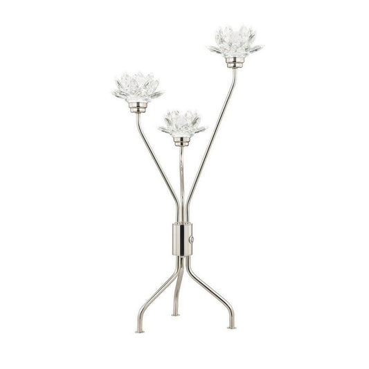 28 Inch Table Lamp, 3 Crystal Flower Shade, Stem Base, Metal, Nickel By Casagear Home
