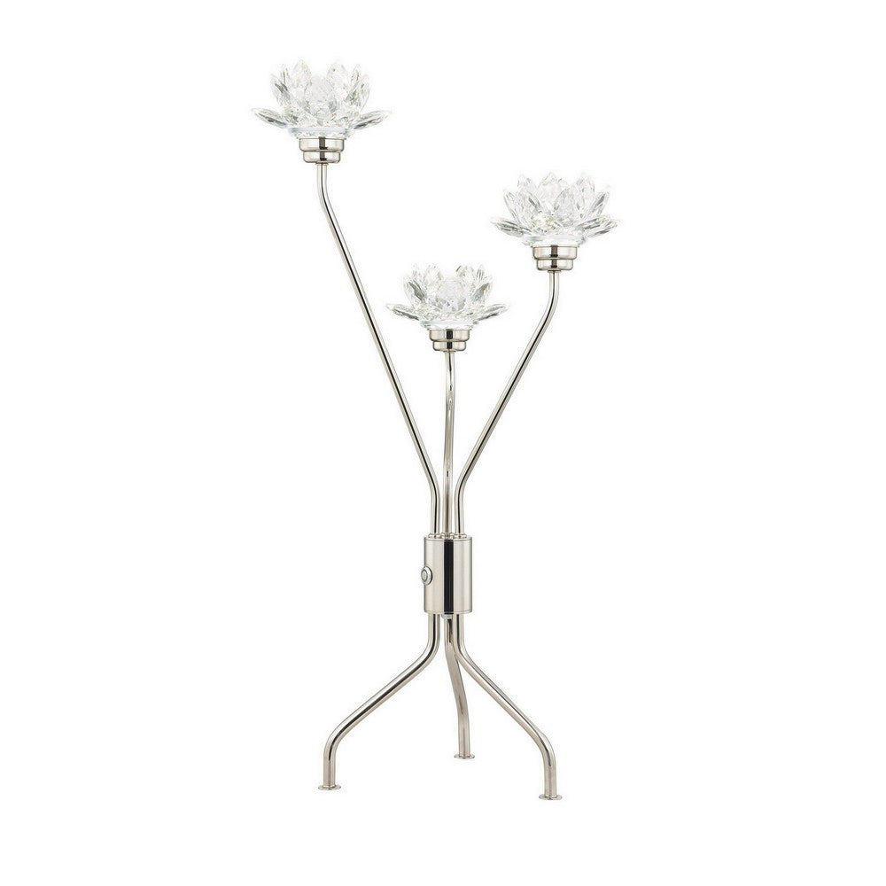 28 Inch Table Lamp, 3 Crystal Flower Shade, Stem Base, Metal, Nickel By Casagear Home