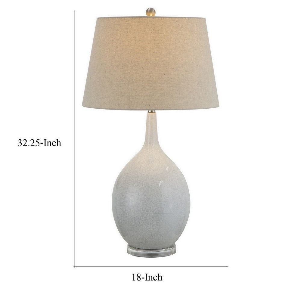 32 Inch Table Lamp, Empire Shade, Ceramic Stand, Crackle White Finish By Casagear Home