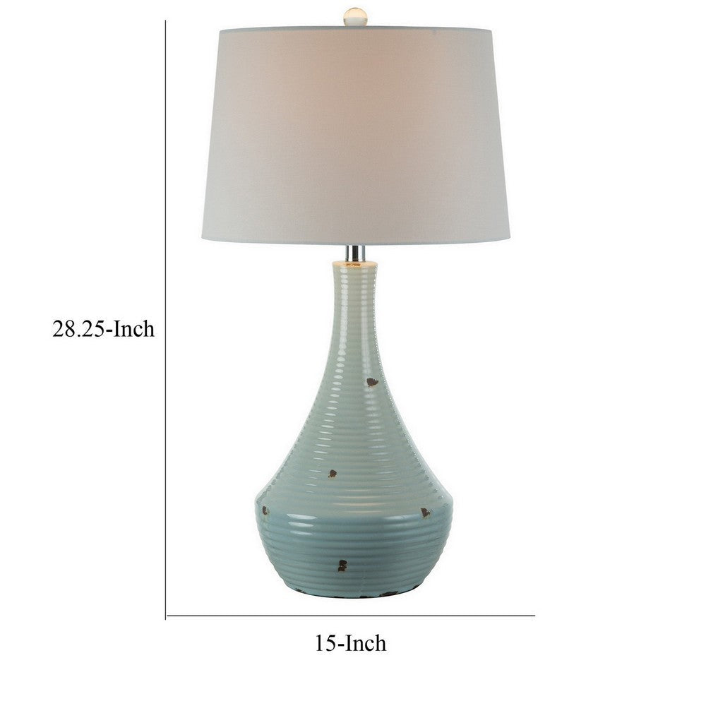 28 Inch Table Lamp with Clean Lines, Empire Shade, Ceramic, Teal Blue By Casagear Home