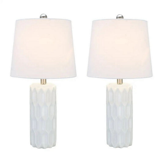 24 Inch Table Lamp, Textured Stand, Set of 2, Ceramic Snow White Finish By Casagear Home