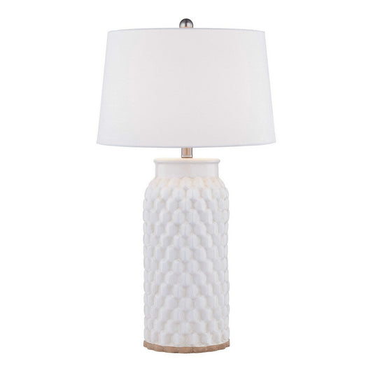 28 Inch Table Lamp, Textured Stand, Gold Trim, Ceramic, Crackle Cream By Casagear Home