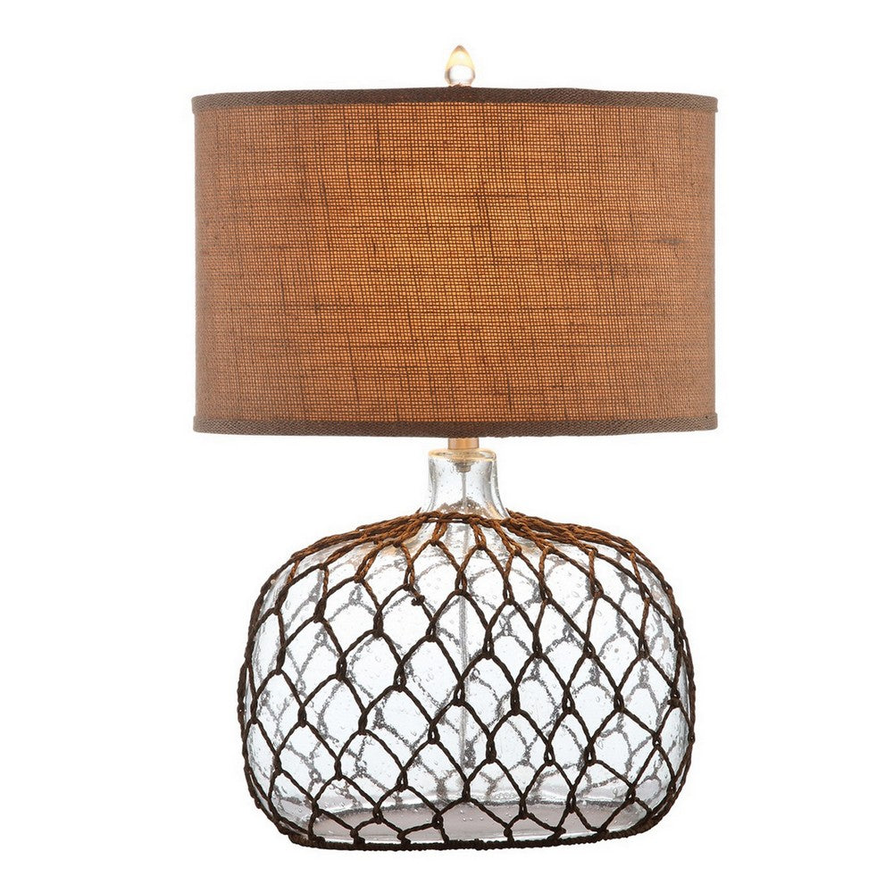 24 Inch Table Lamp with Netted Twine Base, Set of 2, Glass, Brown and Clear By Casagear Home