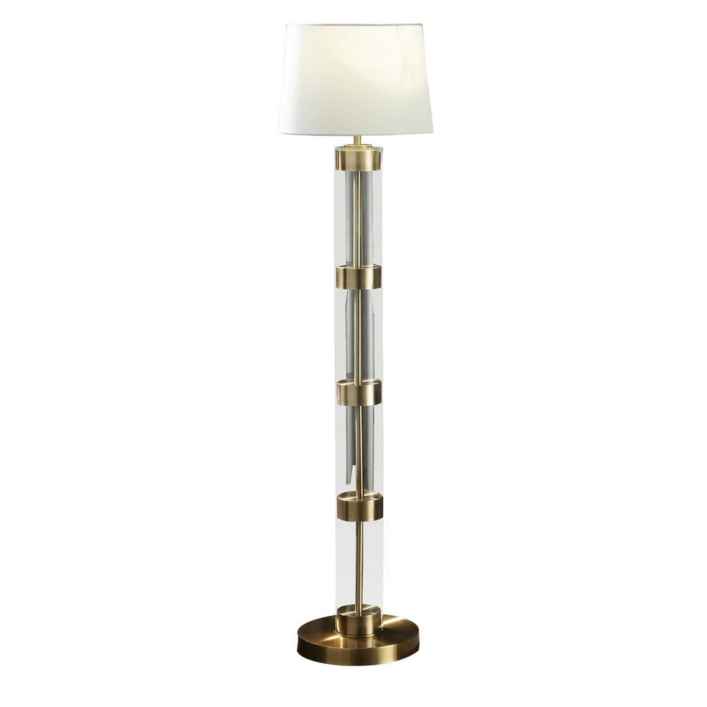 Kria 60 Inch Floor Lamp, Clear Glass Stand, Metal Bands, Antique Brass By Casagear Home