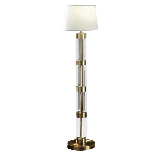 Kria 60 Inch Floor Lamp, Clear Glass Stand, Metal Bands, Antique Brass By Casagear Home