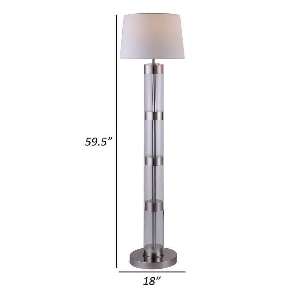 Kria 60 Inch Floor Lamp, Clear Glass Stand, Metal Bands, Satin Nickel By Casagear Home