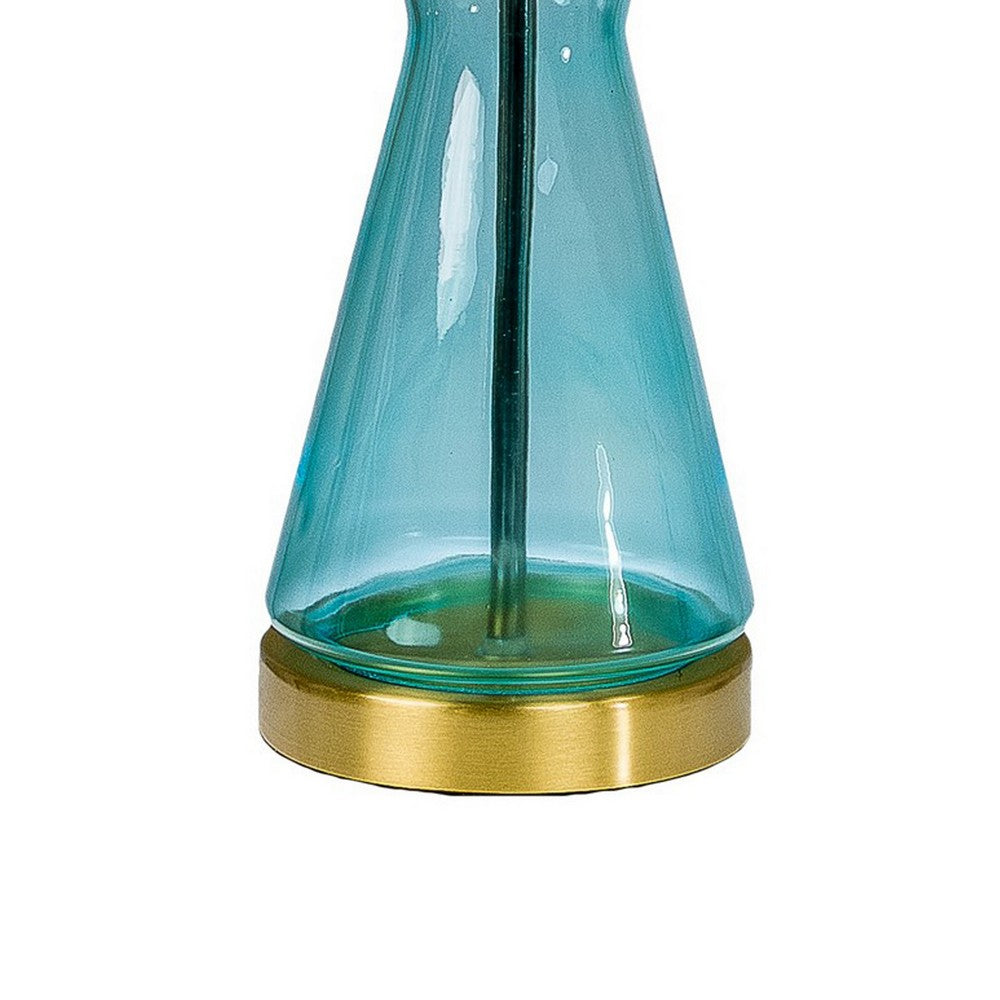 Elma 24 Inch Table Lamp Set of 2, Hourglass Stand, Gold Trim, Glass, Blue By Casagear Home
